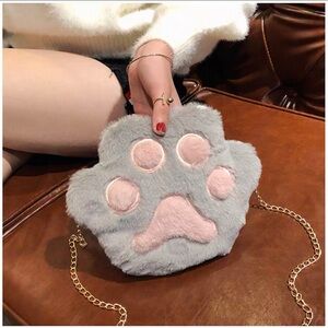 Gray and Pink cute cat Paw fuzzy Plush Bag crossbody purse with gold chain